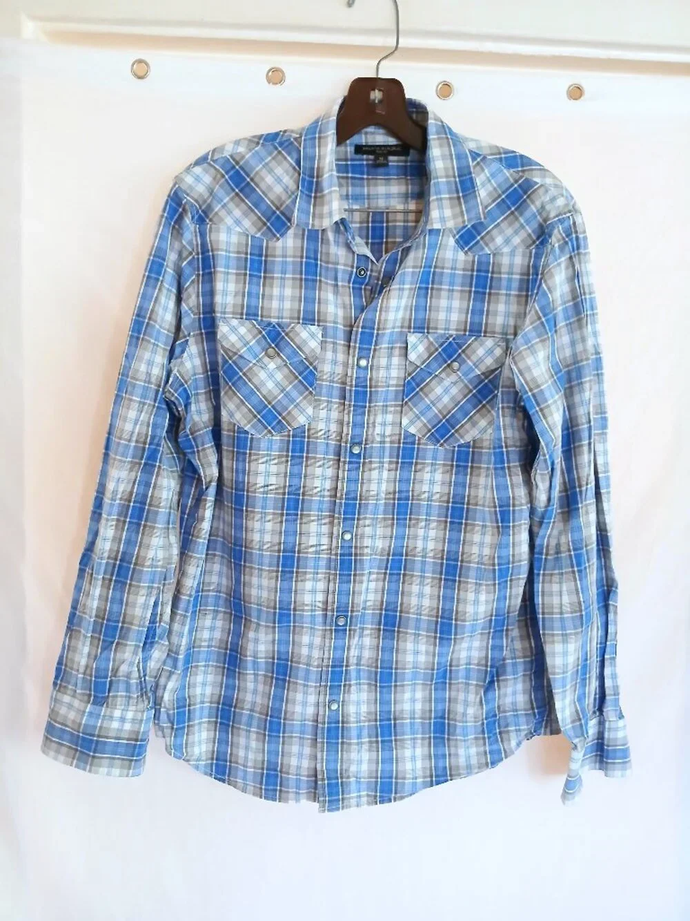 Banana Republic Blue Plaid Pearl Snap Shirt M Western Slim Fit Cowboy Ranch